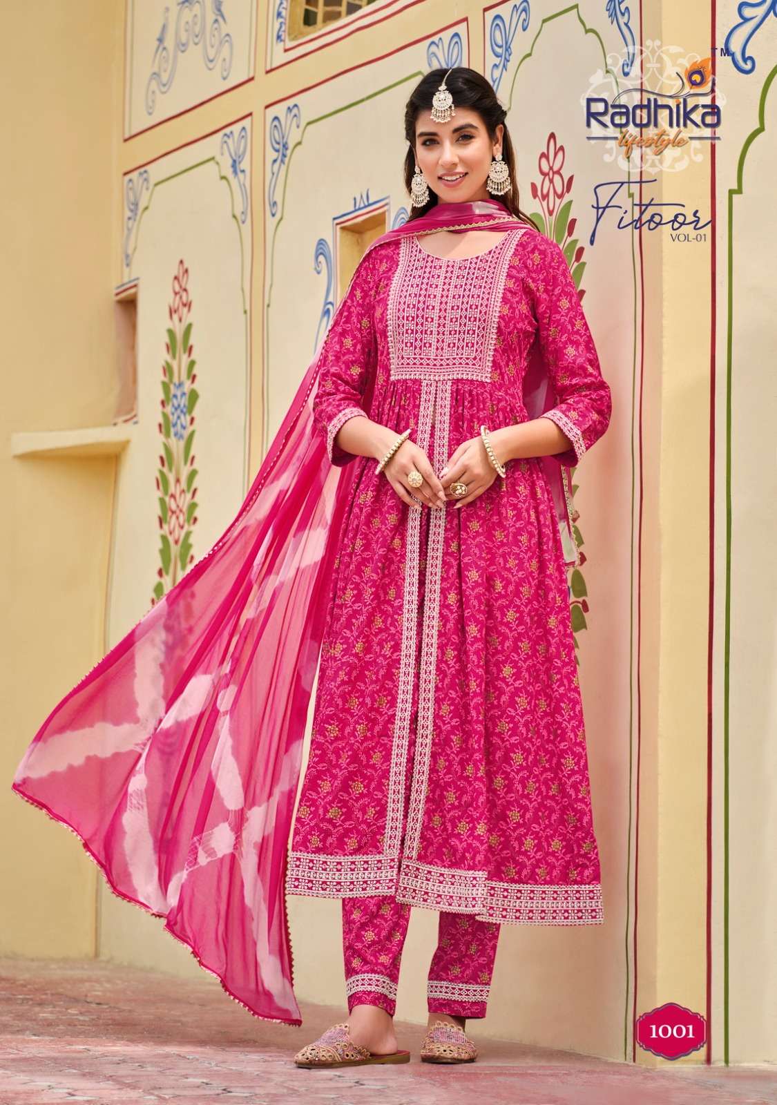 FITOOR REYON LIVA TAG PRINT EMBROIDERY WORK MIDDLE CUT KURTI WITH PANT AND NAZMIN TIE DIE DUPATTA BY RADHIKA LIFESTYLE BRAND 1001